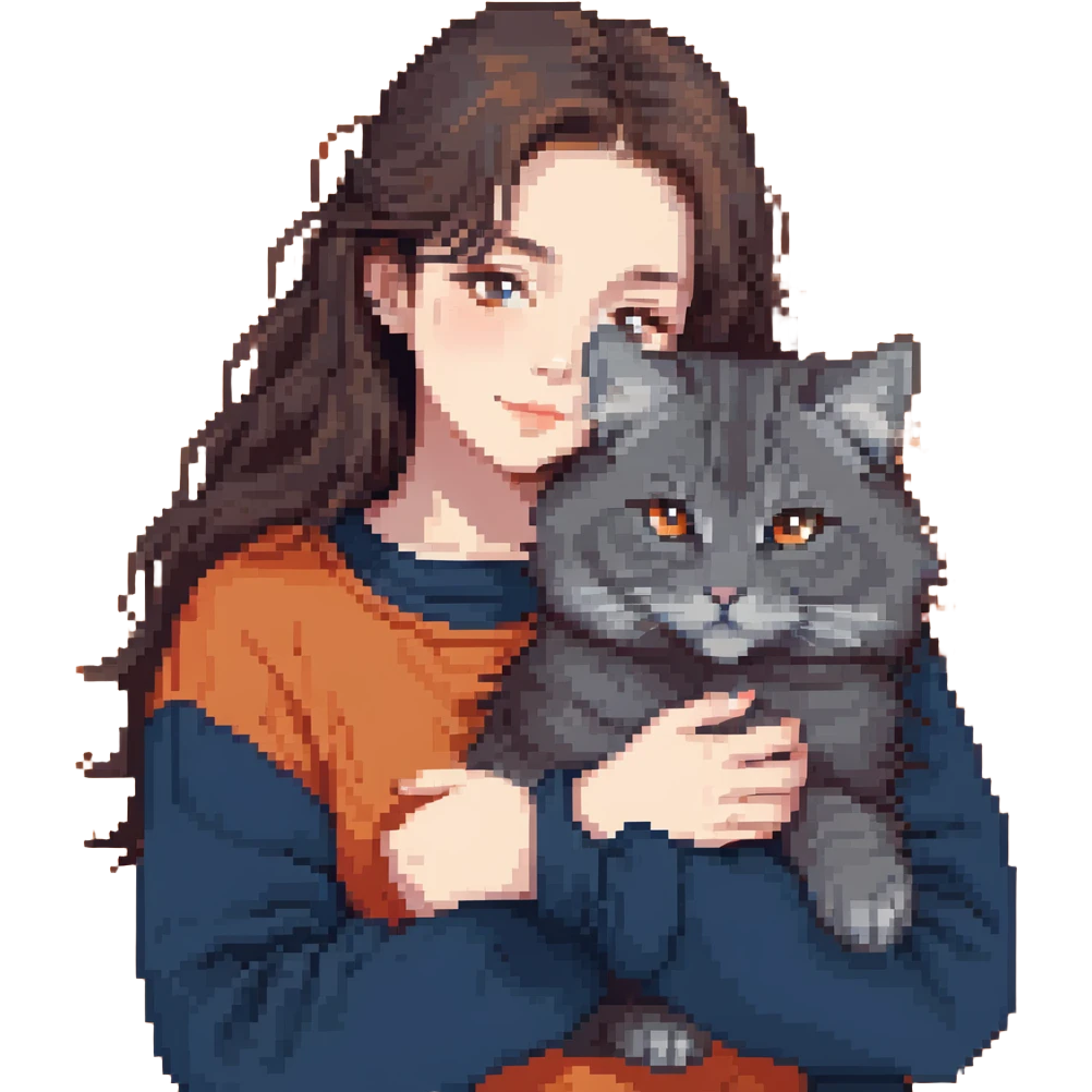 Brunette girl with dark blue sweatshirt snuggling a fluffy grey Siberian cat emoji
