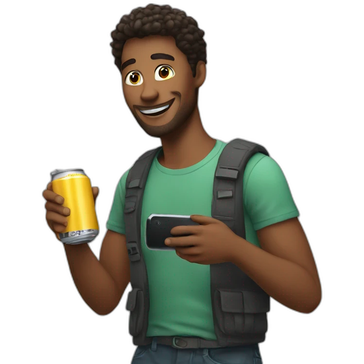 man filming himself on his phone and holding a can of drink emoji