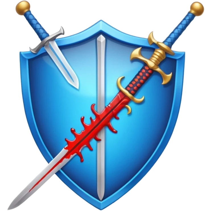 shiny vibrant blue heater shield with a vertical sword behind it, blood effect on the sword, apple emoji style emoji