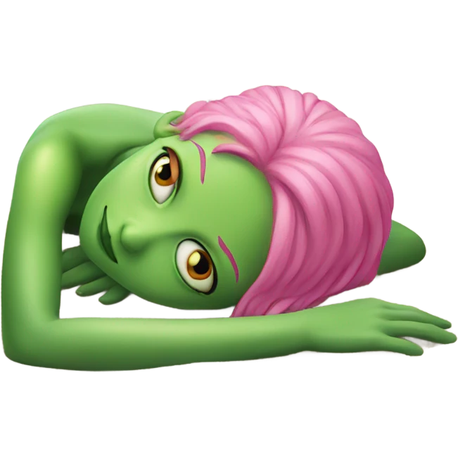 a green alien woman pink air, laying on the beach emoji