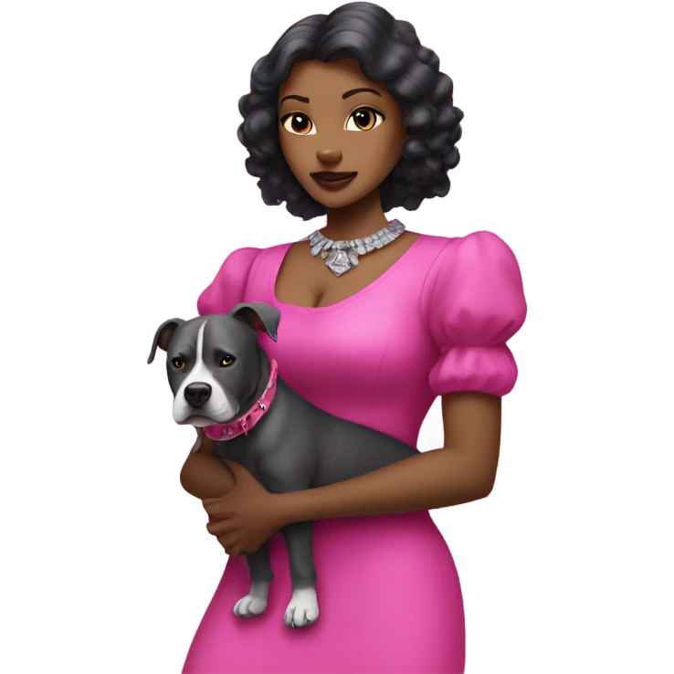 Black lady with black hair wearing hot pink dress hugging large all grey pitbull with spiked pink collar emoji