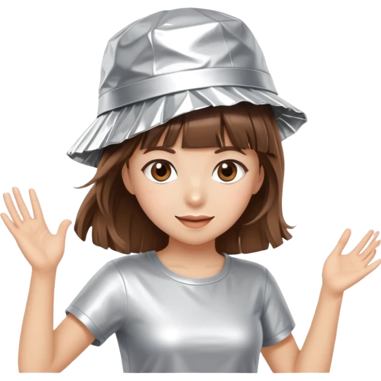 Brown hair girl with bangs wearing tinfoil hat and doing a dance emoji