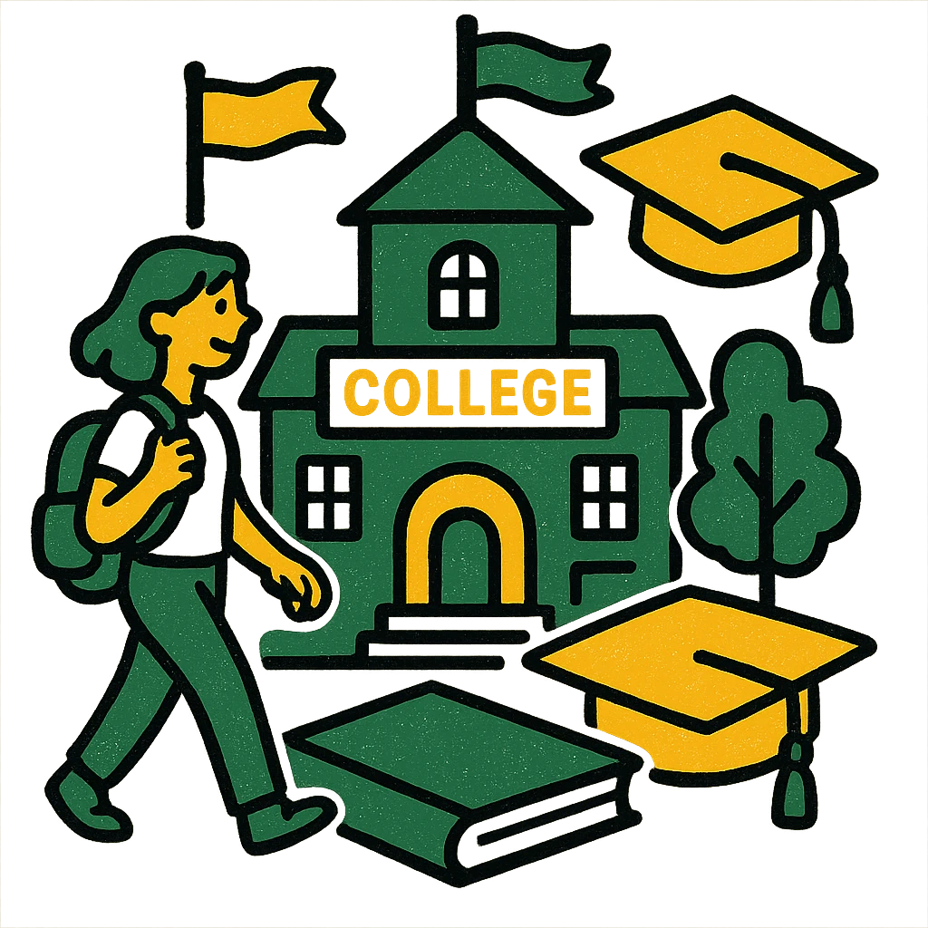 college campus scene, professional style, green gold and white color scheme, bold and clear, suitable for digital use emoji