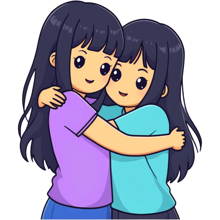 two white girls with long black hair hugging each other, one with bangs emoji