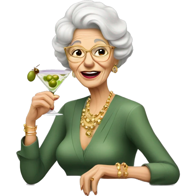 Chic Old lady wearing gold earrings drinking a martini with two olives emoji