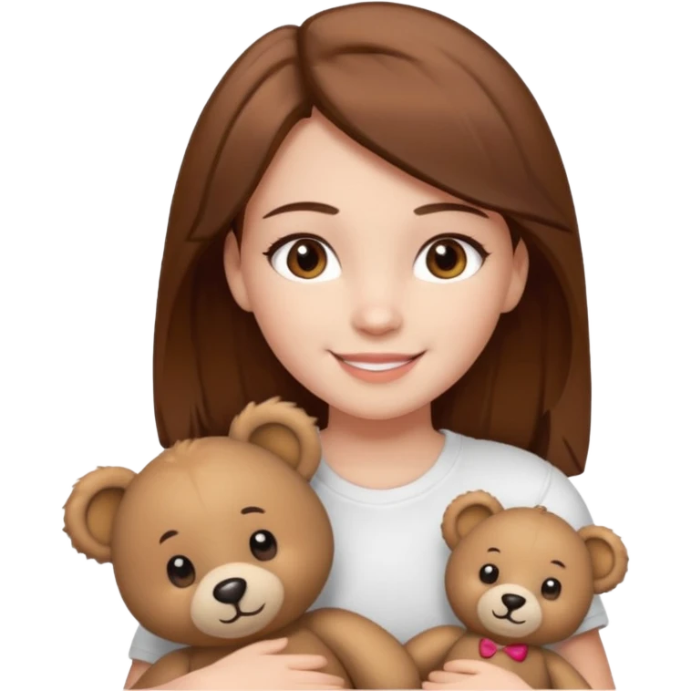 A Girl with Brown hair and Brown eyes with a t-shirt White. The t-shirt have dels a Teddy coquette bear. The Girl have White skins and she is smiling emoji