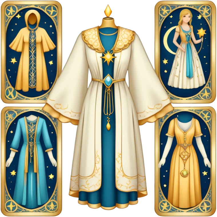 Tarot style wardrobe card showing elegant clothing items with celestial symbols, mystical style definition emoji