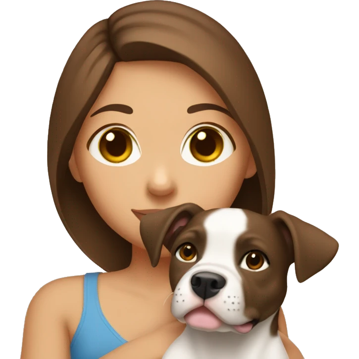 shoulders up girl with brown hair holding pitbull puppy close to her face emoji