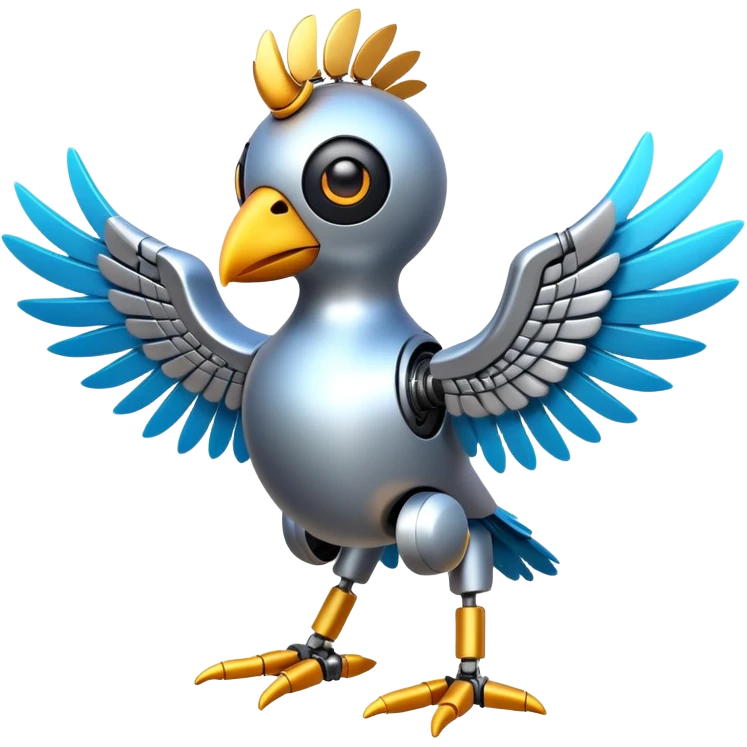 bird with feathers on head and wings, robotic lower body and legs with metallic textures, emoji style emoji