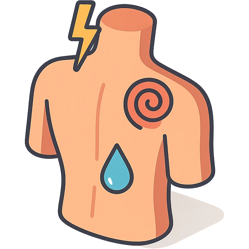 Silhouette of a back with stress icons indicating pain zones: lightning bolt in the neck, sweat drop in the lower back, and spiral in the shoulder blades. Style: 2D Isometric with clear shadows and highlights, transparent background. emoji