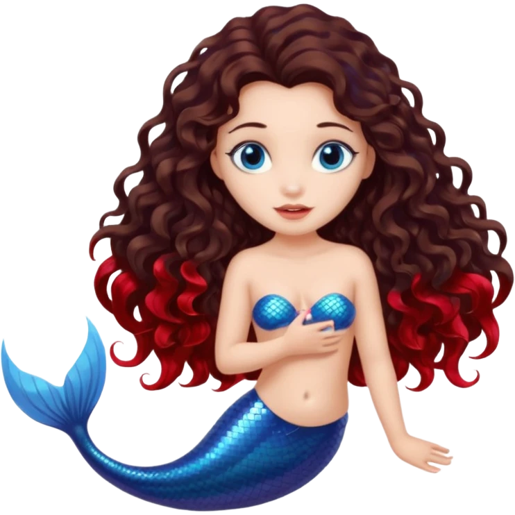 mermaid long dark brown curly hair fair skin blue eyes red fin emoji