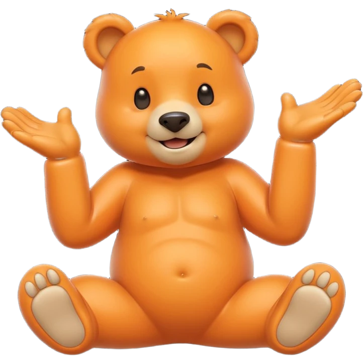 Create a orange friendly bear, make him look like from a kid cartoon and make him smile. Show his whole body. Make him look shy and cross his leg while pointing his index finger towards each other emoji