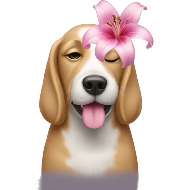 Dog smelling a pink lily emoji