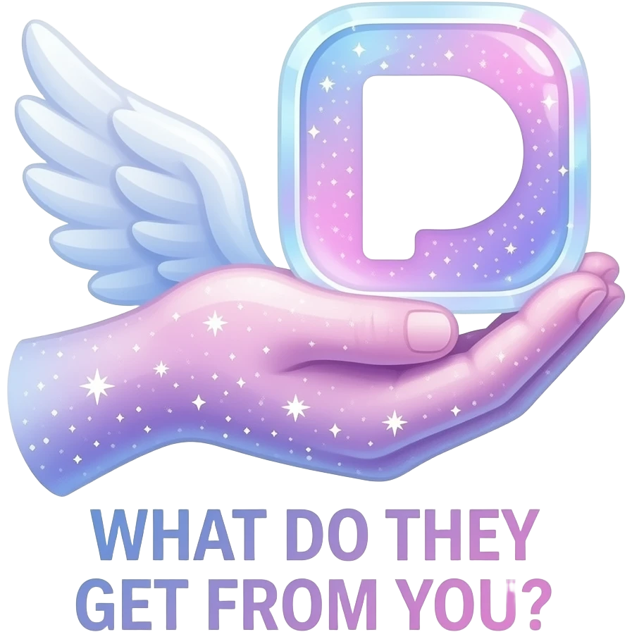 An ethereal angel hand made of starlight holding a crystalline Patreon logo. Text below: 'WHAT DO THEY GET FROM YOU?'. Glowing nebula colors, isolated on white, bold 3D icon emoji