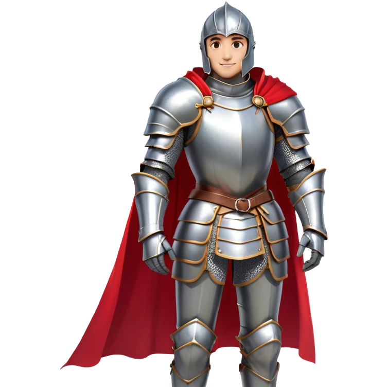 Create a side-view RPG character asset in a clean. The character is a brave knight with exaggerated, rounded features and minimal linework. They wear polished armor in silver tones, with a bright red cape flowing behind them. The face should have large, expressive eyes and a friendly smile that’s clearly visible even from the side view. Keep proportions simple and cartoony. The stance is slightly turned to emphasize the character’s side profile (facing right), with one hand on the hip and the other resting on a sheathed sword at the waist. The colors should be vibrant and easy to read, with smooth shading reminiscent of typical emoji designs. Include two variations: one idle pose and one simple walking pose, each capturing the playful, streamlined look of emoji-like characters. emoji