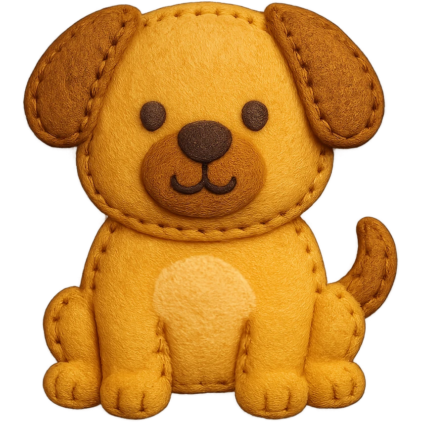 <StylePrompt>
  <Name>Felt Appliqué Plush Style</Name>
  <Description>A soft, handcrafted look inspired by plush felt fabric with visible stitching and a padded 3D texture, rendered on a solid black background.</Description>
  <VisualProperties>
    <Material>Felt</Material>
    <Texture>Soft, fuzzy, with slight fiber detail</Texture>
    <Stitching>
      <Type>Thick thread</Type>
      <Color>Orange or slightly darker tone than fabric</Color>
      <Pattern>Uniform running stitch along outer edge</Pattern>
    </Stitching>
    <Padding>High, plush-like 3D depth</Padding>
    <Edges>Rounded corners</Edges>
    <ColorPalette>
      <Primary>Warm yellow/orange tones</Primary>
      <Accent>Brown or dark orange for facial features and outline</Accent>
      <Background>Black</Background>
    </ColorPalette>
  </VisualProperties>
  <Rendering>
    <Lighting>Soft, even studio lighting</Lighting>
    <Shadows>Subtle drop shadows for depth</Shadows>
    <Perspective>Flat front-facing, symmetrical if applicable</Perspective>
  </Rendering>
  <Applicability>
    <SubjectType>Any object, animal, or letterform</SubjectType>
    <OutputFormat>Icon, emoji, patch-style graphic</OutputFormat>
  </Applicability>
</StylePrompt>

{subject} = dog emoji