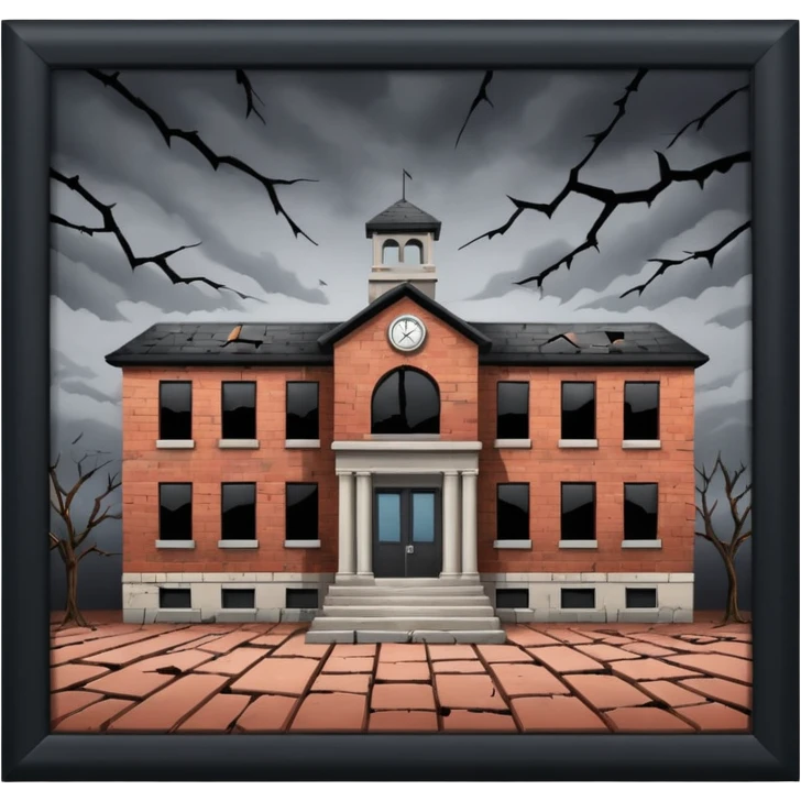 A broken/abandoned school with cracks and dust  with no back ground in an abandoned place with a blackish greyish sky  emoji