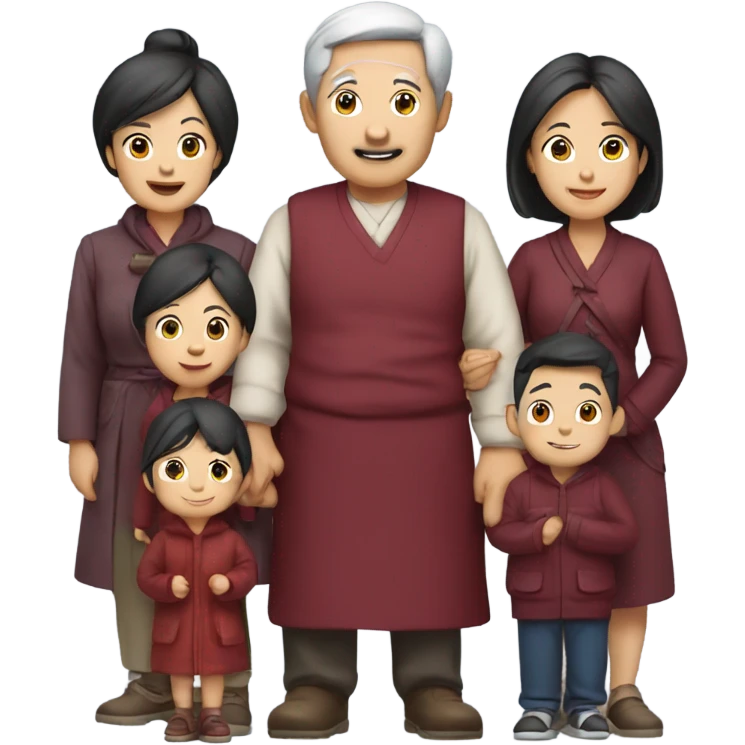 Middle-aged smiling Asian family of 6 with burgundy outfits emoji