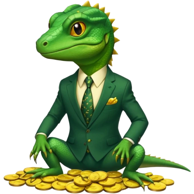 lizard in a business suit with a sly expression, sitting on gold coins emoji