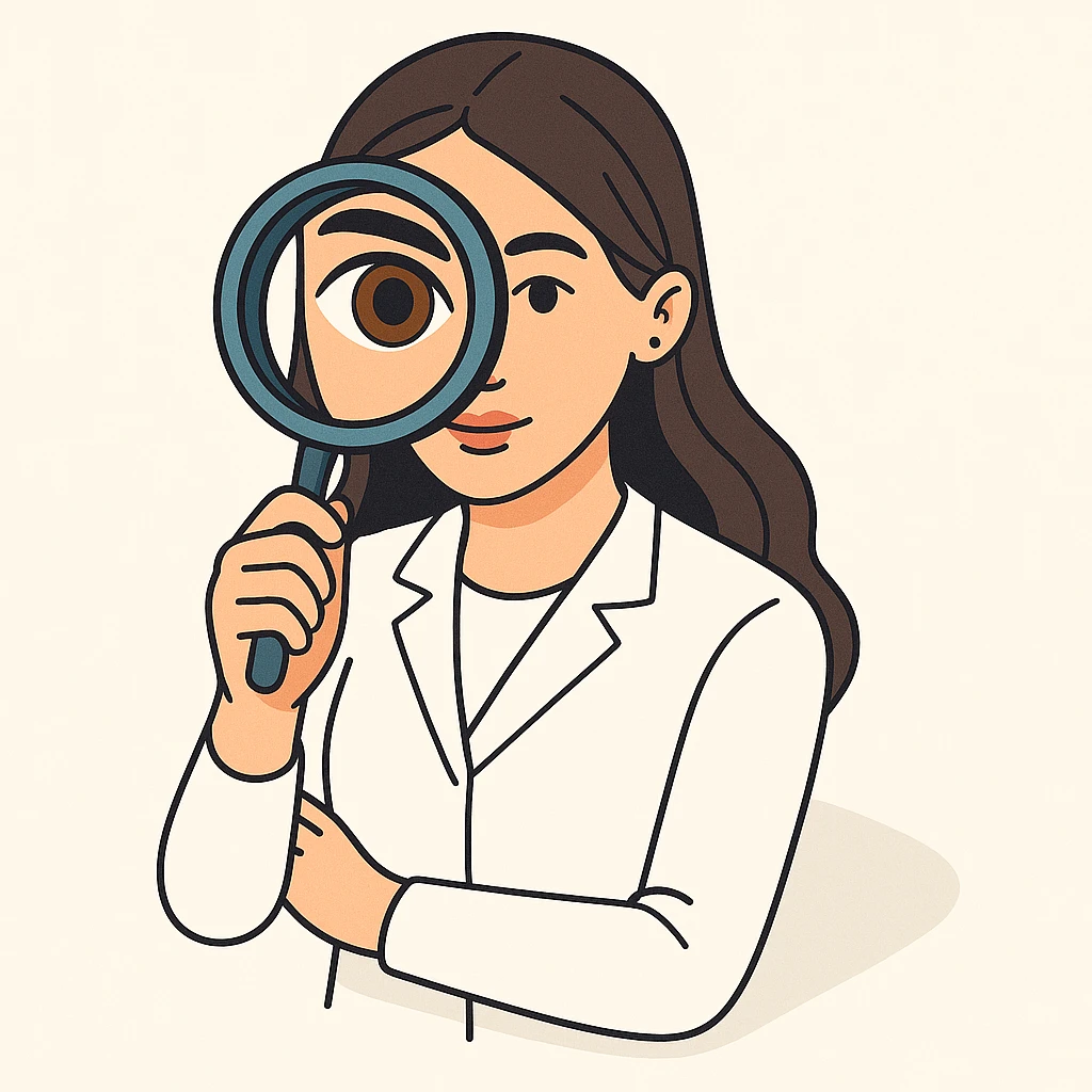 Edit the image of a female doctor with dark long straight hair and detailed brown eyes (not just dots). She wears a white coat. The style is 2D isometric with a minimalist background. The doctor is facing forward, looking directly at the camera through a magnifying glass. One eye is enlarged and distorted like a fisheye lens. emoji
