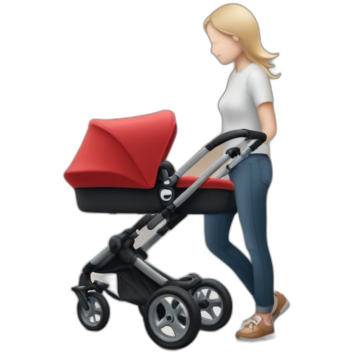 Une fille avec un bébé en poussette bugaboo rouge emoji