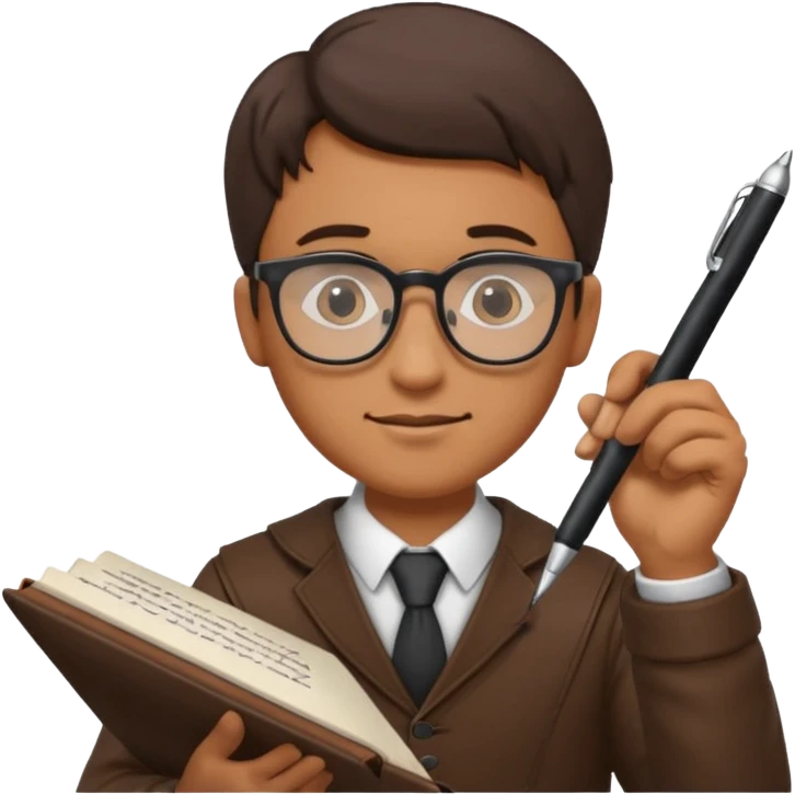 man hold a pen in hand write in book , wearing glasses emoji
