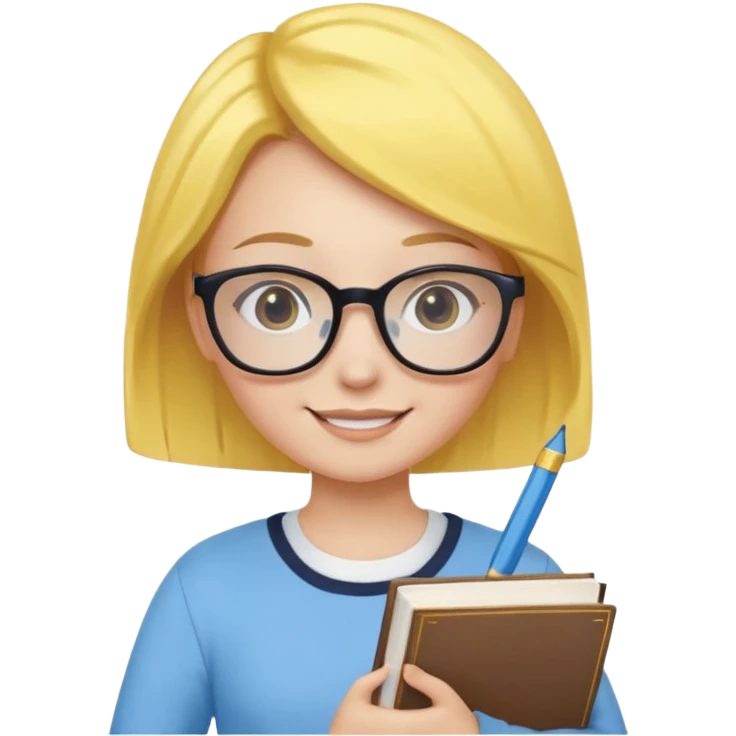 A smart and cute girl with yellow bobbed hair, wearing sky blue clothes,
I hold a book in one arm. There is a pen in the book.
He is wearing black-rimmed glasses and smiling brightly. emoji