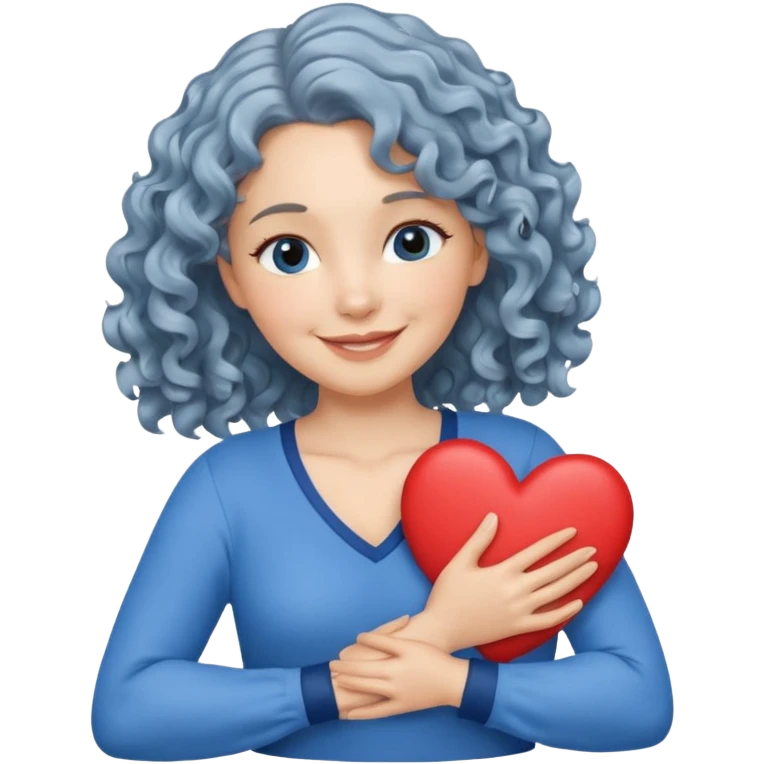 Silver, wavy/curly hair chin-length lady giving hug with 2 arms, blue v-neck and smilingm add a heart emoji