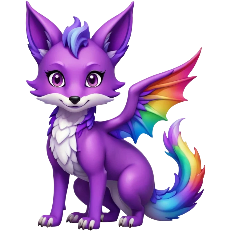 Black Cartoon female Fox dragon hybrid purple eyes with wings face front full body dark rainbow colored emoji