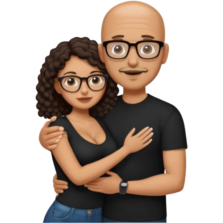 A picture of an embracing tanned couple. the man is a Mexican man with tanned skin, NO GLASSES, with a bald hair cut, short beard and wearing a black shirt. the woman is short with long curly dark brown hair and with big boobs. Put glasses on the woman.  emoji
