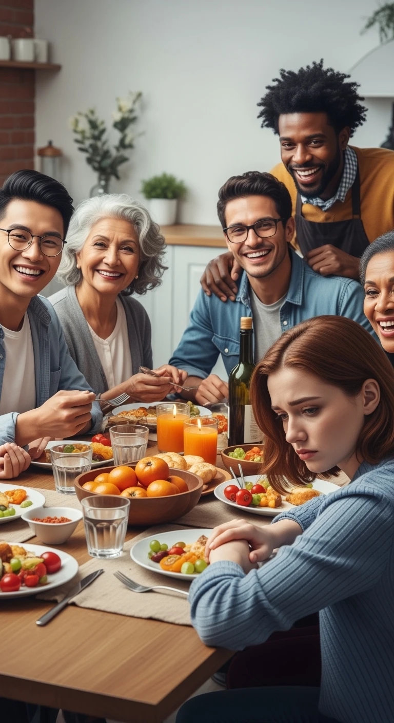 GRUPPO DI AMICI A TAVOLA FELICI MENTRE MANGIANO, MENTRE UNA PERSONA CHE è CON LORO NON SI STA DIVERTENDO, NON MANGIA E HA UN'ESPRESSIONE TRISTE, ESPRESSIONE DI DOLORE IN VOLTO, iperrealistico 4k emoji