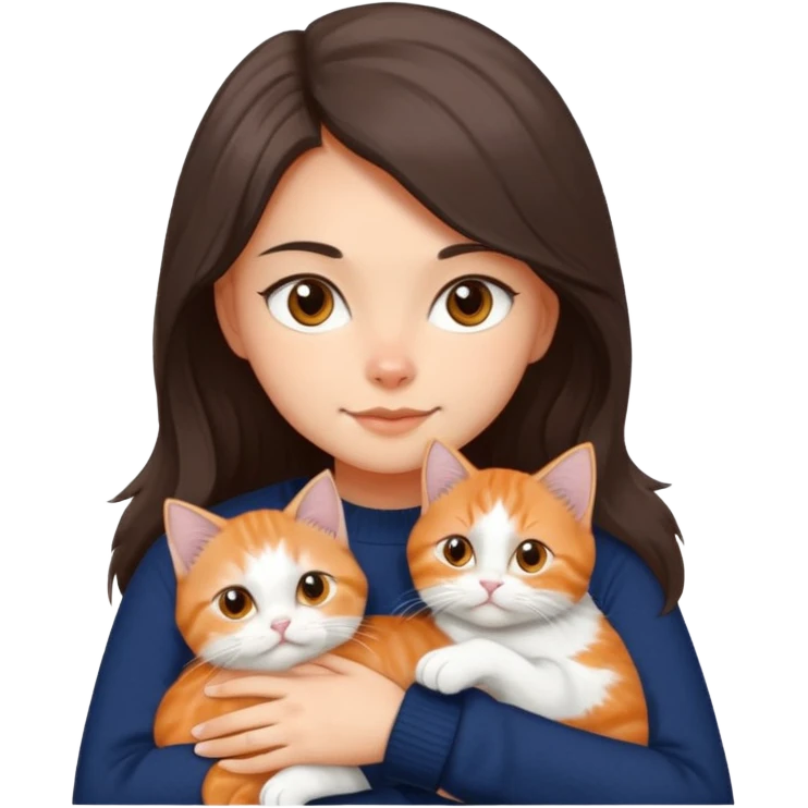 a girl with long dark brown hair, in a navy sweater, hugs a persian peaknose grey cat and persian peaknose orange and white kitten and a persion peaknose brown tabby and white cat emoji
