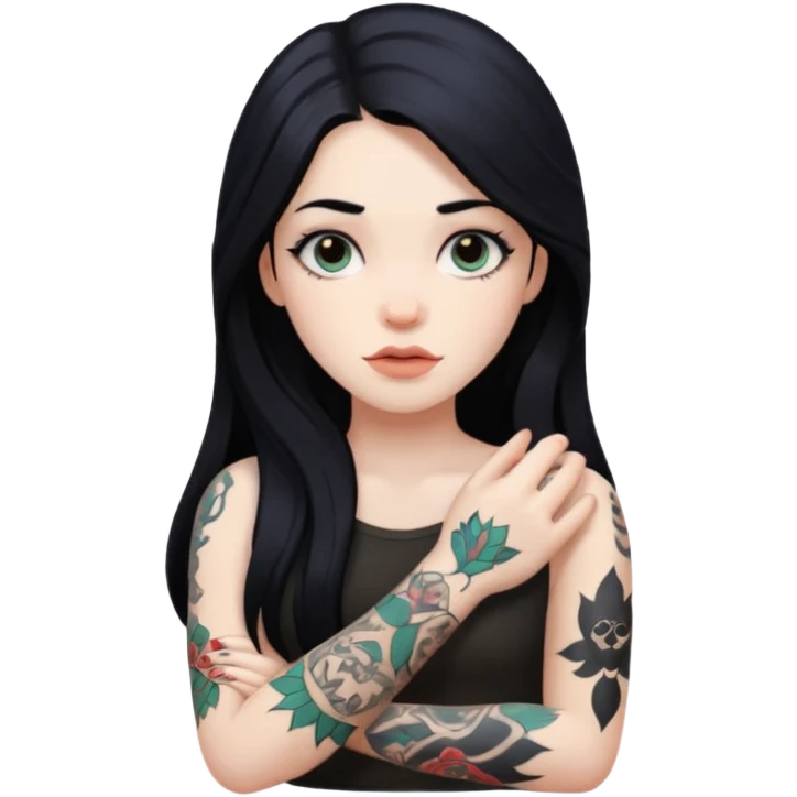 hyper realistic Pale girl with long black hair arm tattoos emoji