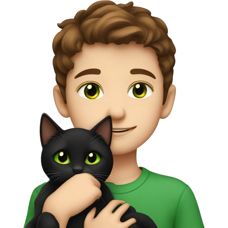little boy with brown hair and brown green eyes cuddling a black cat with green eyes emoji