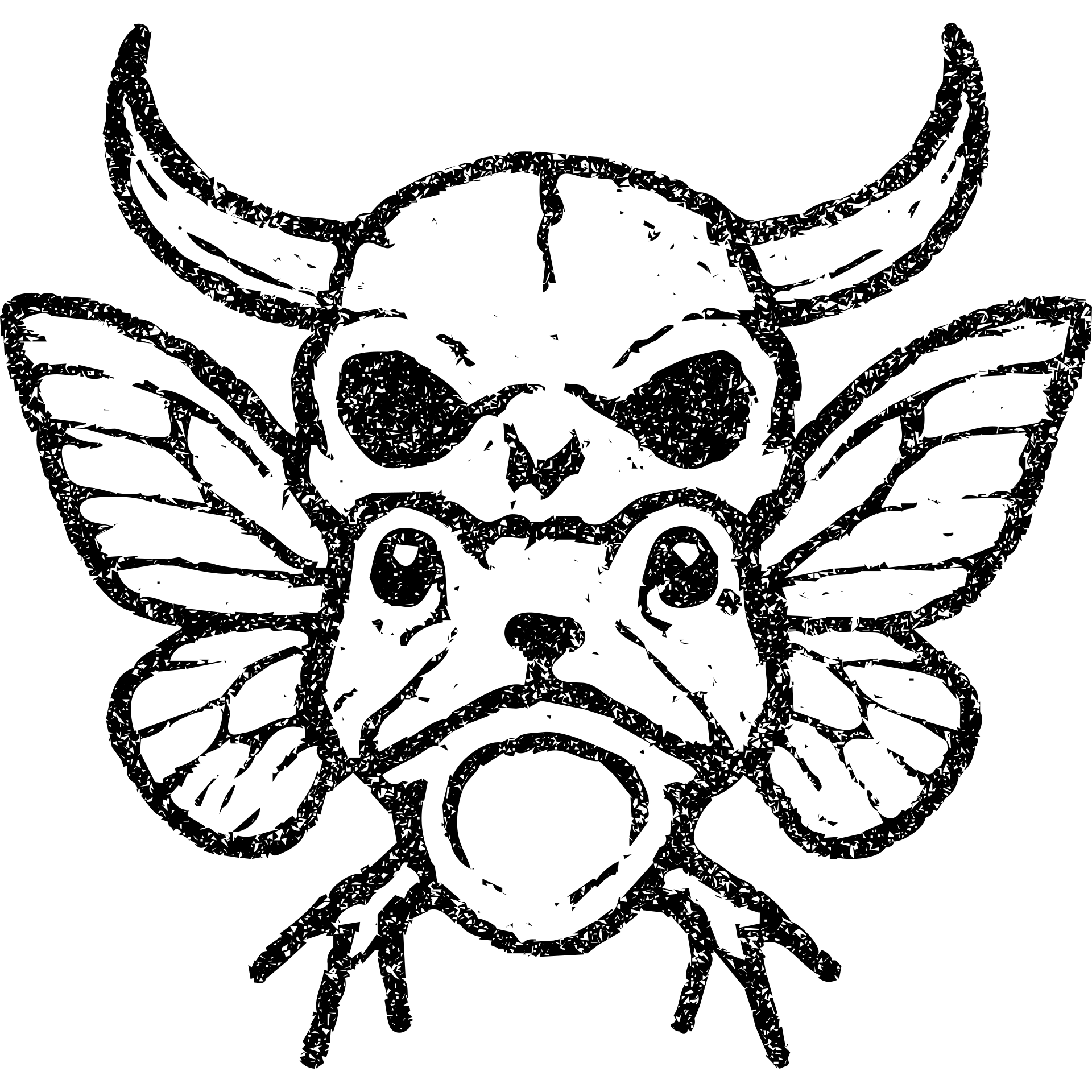 a terrifying minimal red line art of a hybrid monster combining minotaur skull with horns, stoat face elements, frog mouth/eyes, and moth wings sprouting from skull, transparent hollow center, distressed appearance with deliberately missing sections, smudged edges, torn lines, and weathered texture, sparse red lines only emoji