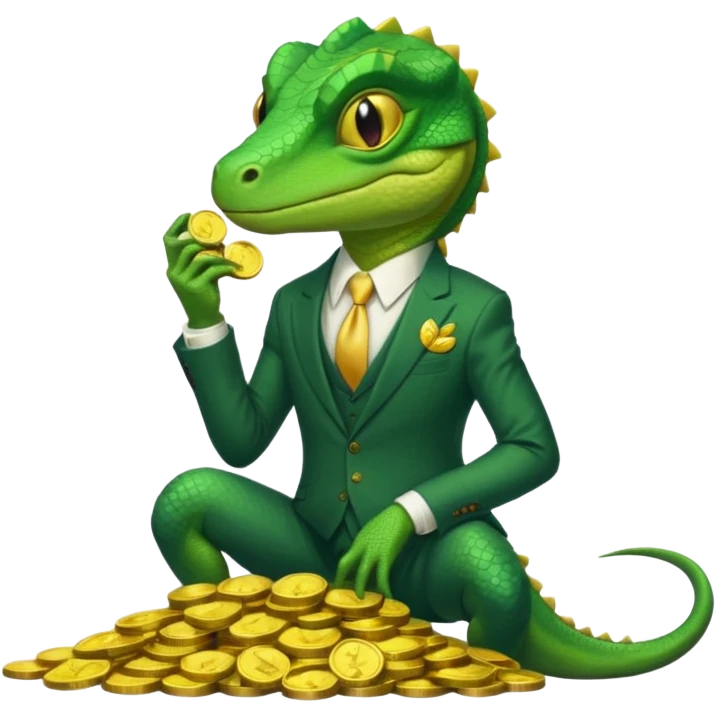 cunning capitalist lizard in a suit, leaning on a pile of gold coins emoji