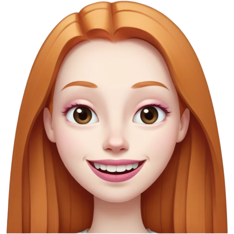 traditional emoji of young girl with very pale skin, long straight muted ginger hair, elongated oval face, bigger human-like eyes positioned close together, fuller thick eyebrows, wide nose, very large full pink lips with a big smile showing extremely large and prominent teeth, less intense expression emoji