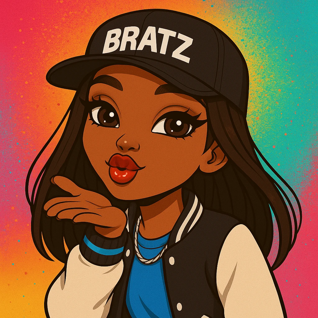 Change the pose to blowing a kiss, headshot only, keep her as a 20-year-old anime Bratz style woman with dark skin, dark hair, trendy streetwear, big expressive eyes, glossy lips, and a happy expression. No tears. emoji