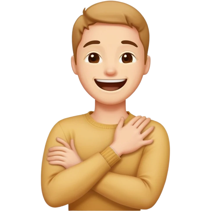 person crossing arms holding neck with a laughing face emoji
