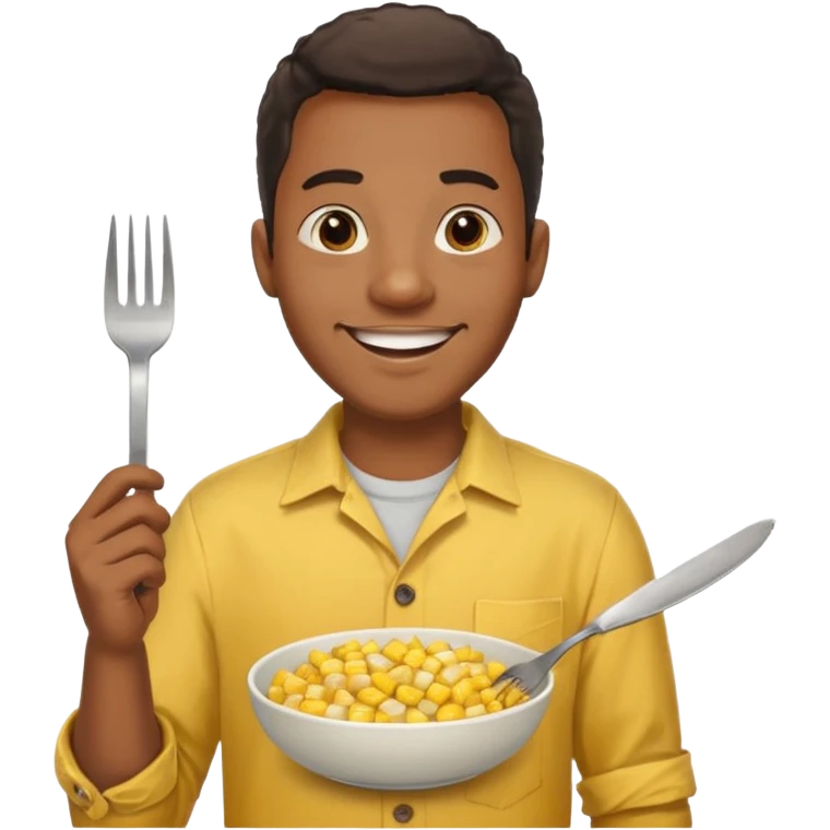 HAPPY BLACK MAN WITH YELLOW OPEN BUTTON-DOWN SHIRT, HOLDING AN FORK AND A COOK CORN BOWL emoji