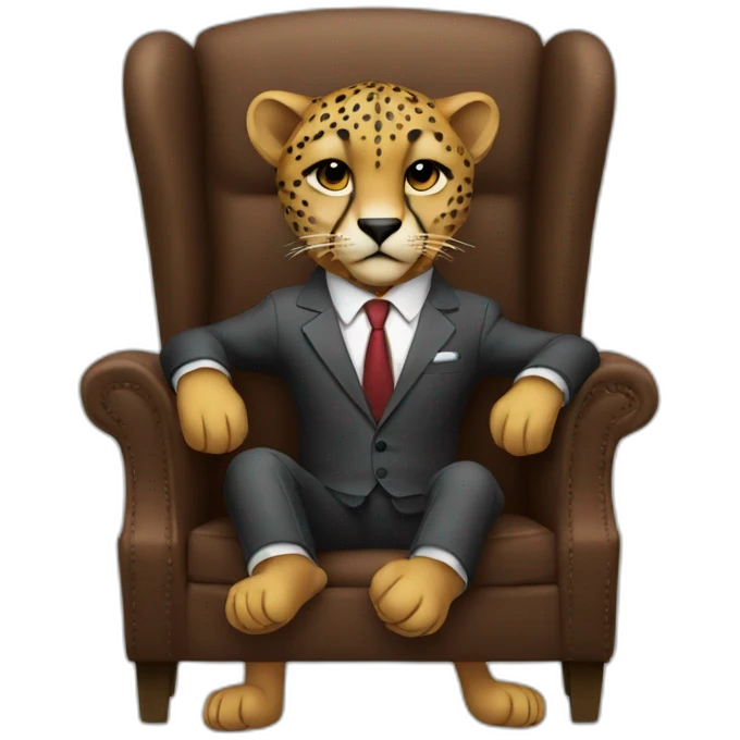 A cheetah wearing a suit looking straight while sitting in a chair emoji