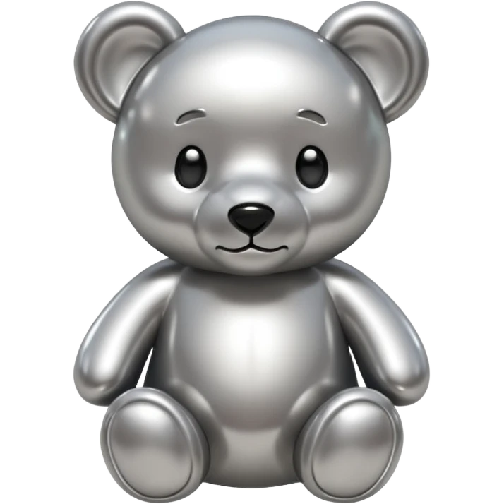 A cute teddy bear emoji made of liquid silver chrome, smooth rounded body, glossy metallic surface, soft reflections, friendly proportions, iOS emoji style, centered, clean white background emoji