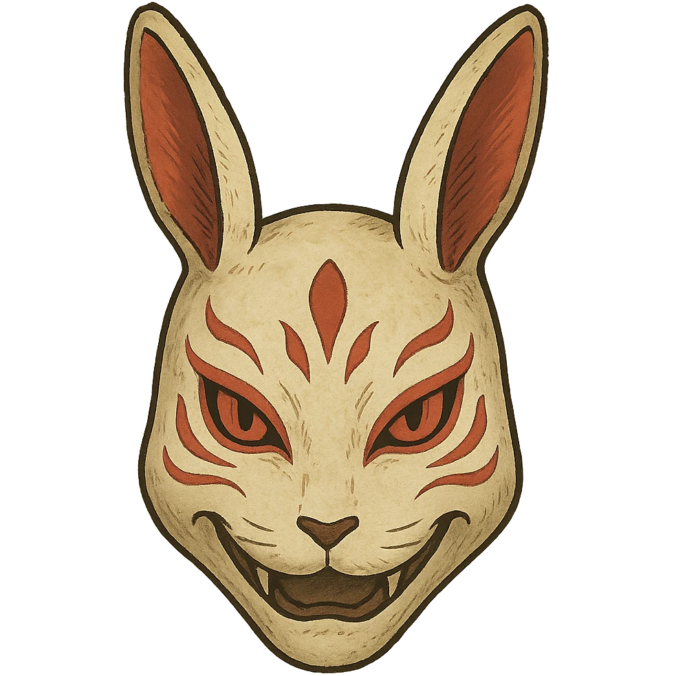 ghibli style evil white rabbit mask with red accents, intricate details emoji