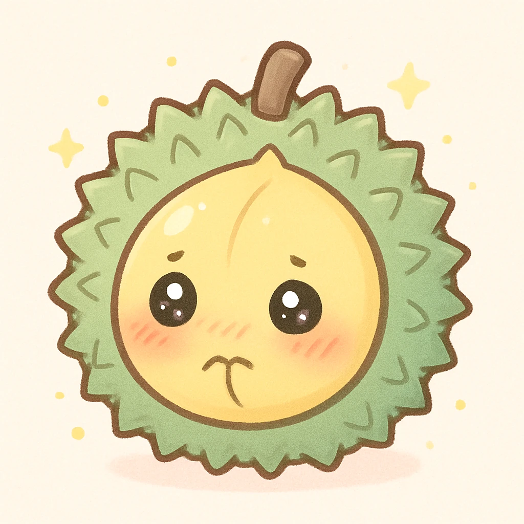 chibi round durian character, green spiky shell, yellow flesh, blushing, shy, sparkly eyes, pastel palette emoji