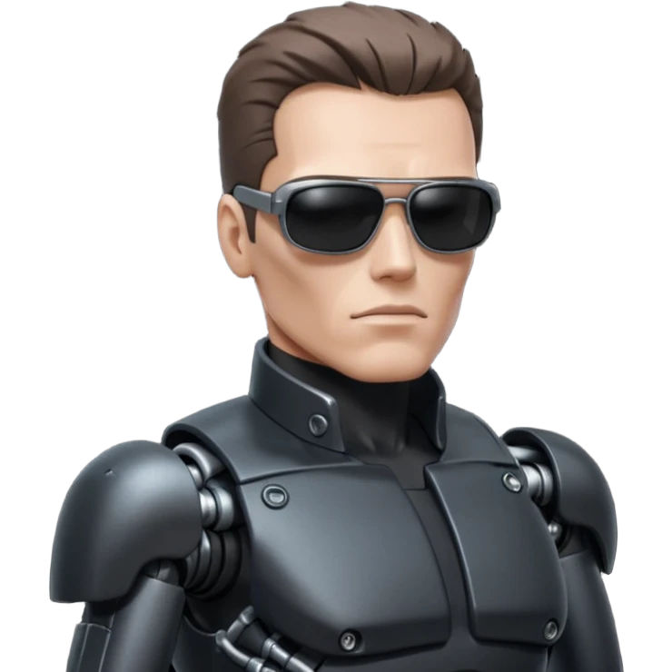 Schwarzenegger-like Terminator, upper body only, wearing his iconic clothes in black (all clothes must be black), looking more human with minimal robotic details, and wearing dark sunglasses, view from the side emoji