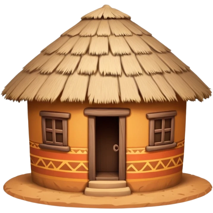 African mud hut tribal house, round adobe clay house, thatched roof, warm sunlight, colorful tribal patterns, cute mobile game icon, 3D cartoon, high detail, clean background emoji