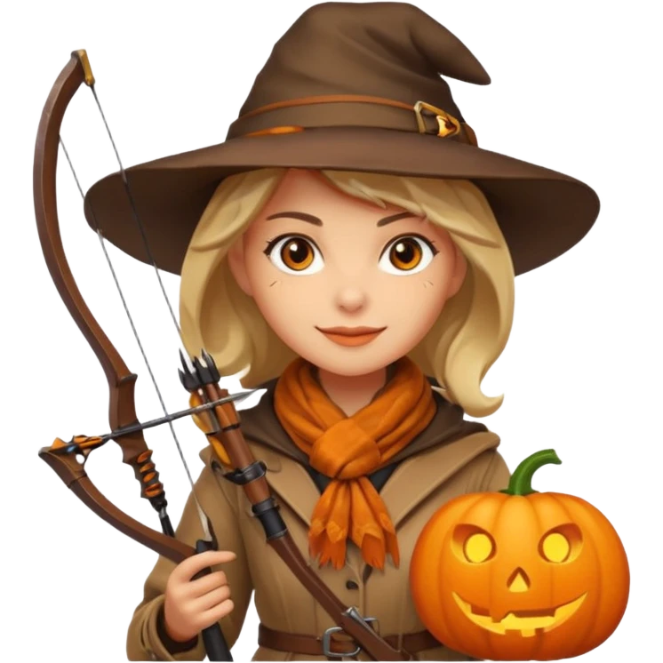 female human monster hunter emoji, wearing brown coat and hat, holding crossbow, soft smile, scarf, glowing pumpkin by her side, Halloween fantasy style, clean vector Apple emoji look, bright colors, white background, square emoji