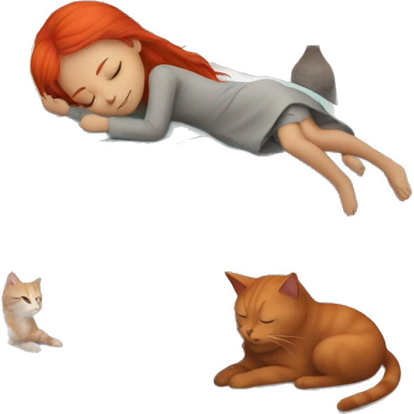 Girl with red hair sleeping next to a GREY CAT emoji
