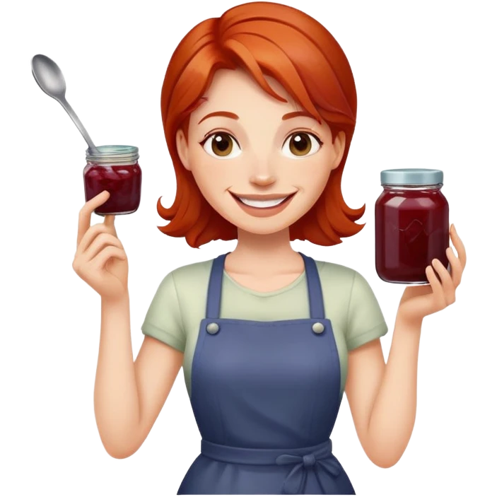redhead woman with big smile holding a glass jar with jam in one hand and a little spoon with jam in other hand emoji