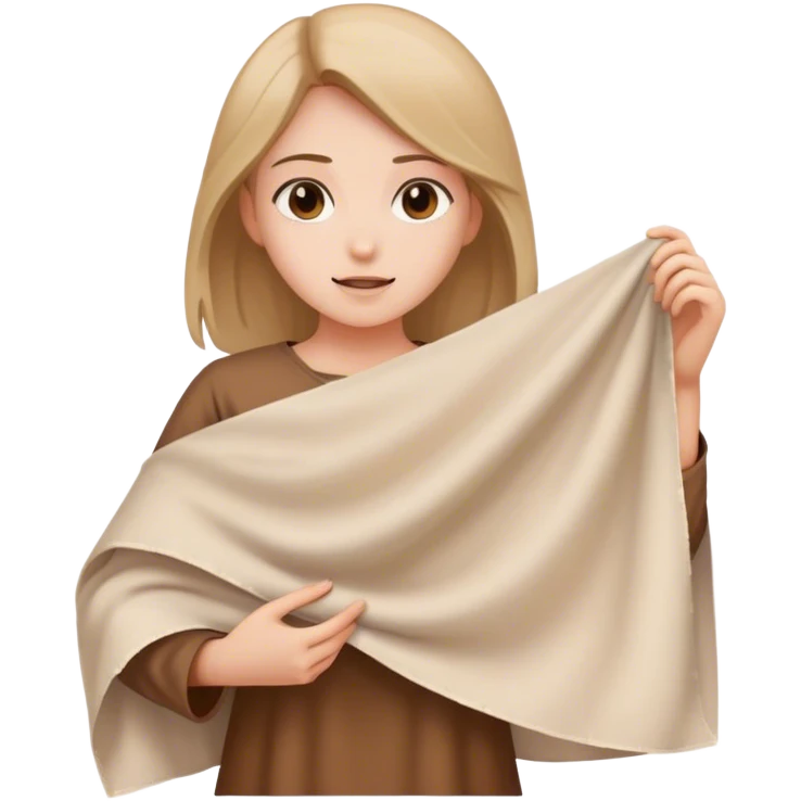 girl in brown tunic holding a large white piece of cloth emoji